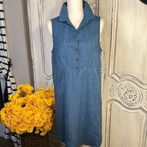 Tahari Sleeveless Linen Look Blue Button-Up Summer Dress
